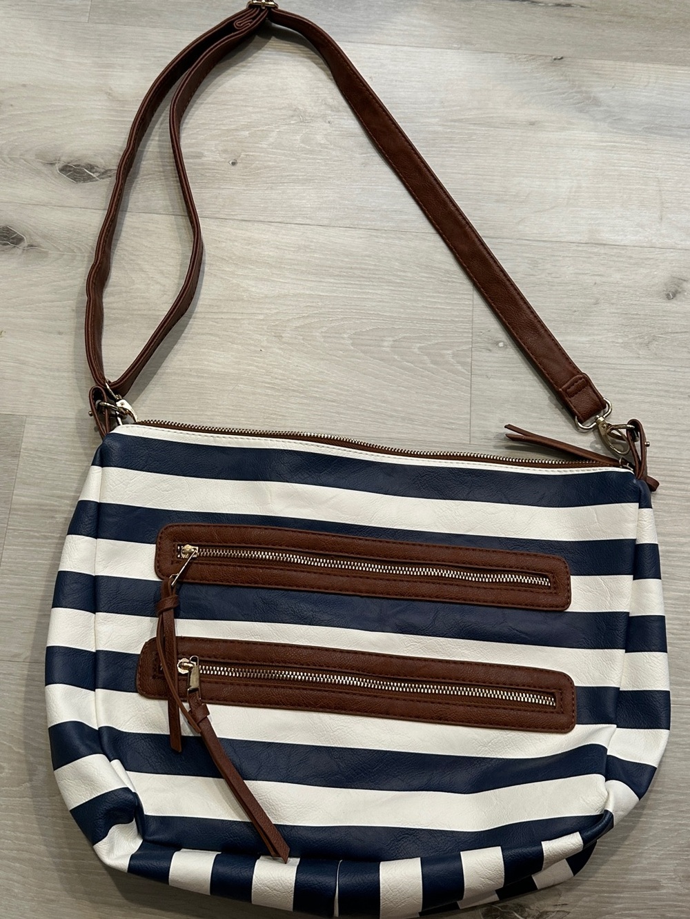 Striped Navy & White Crossbody Bag with Brown Trim